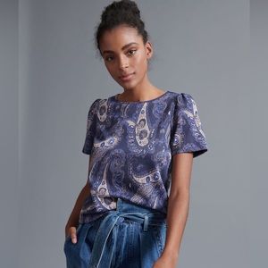 Anthropologie Demeter Paisley Metallic Blue Short Sleeve Tee Shirt Size Small